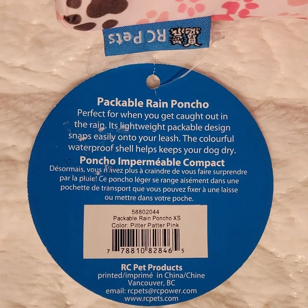 RC Pets Printed Packable Dog Poncho Raincoat Pitter Patter Pink Paw Print XS New